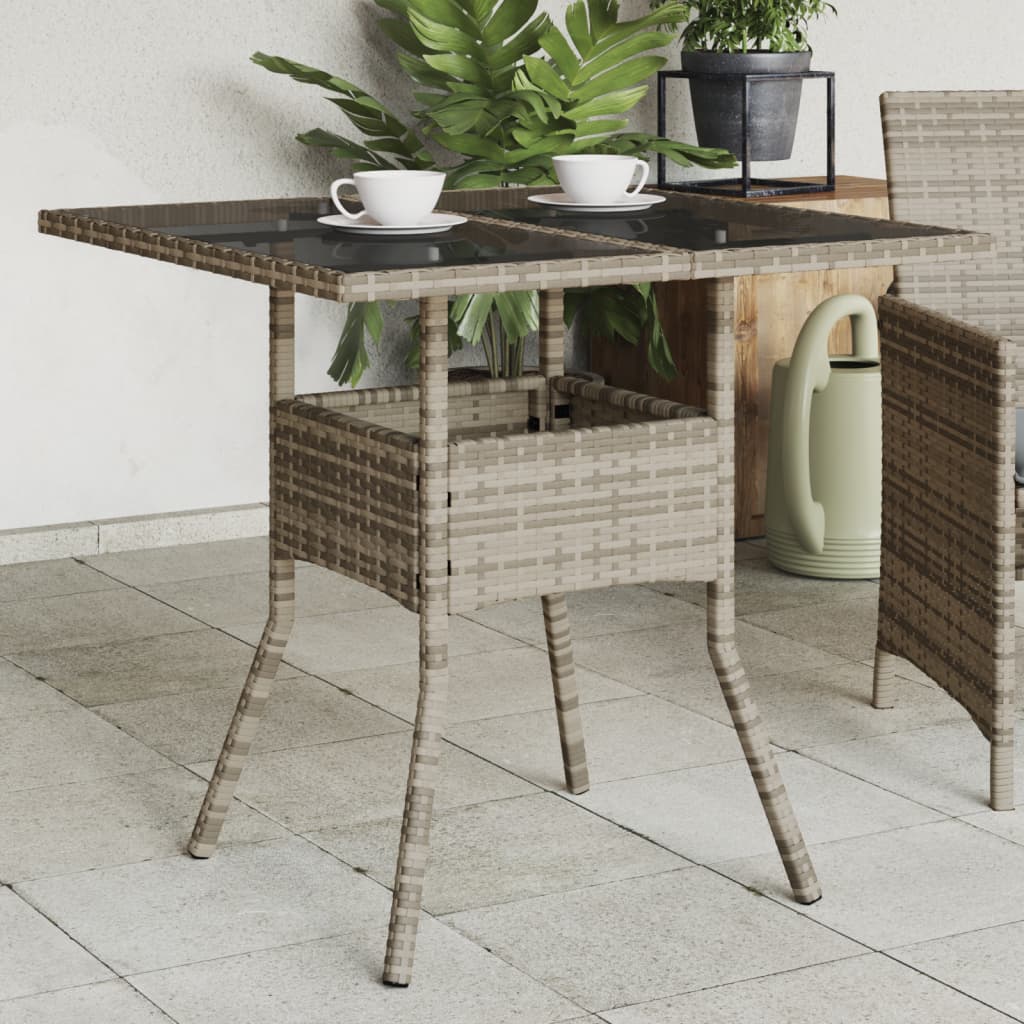 vidaXL Záhradný stôl so sklenenou doskou, sivý 80x80x75 cm, polyratan