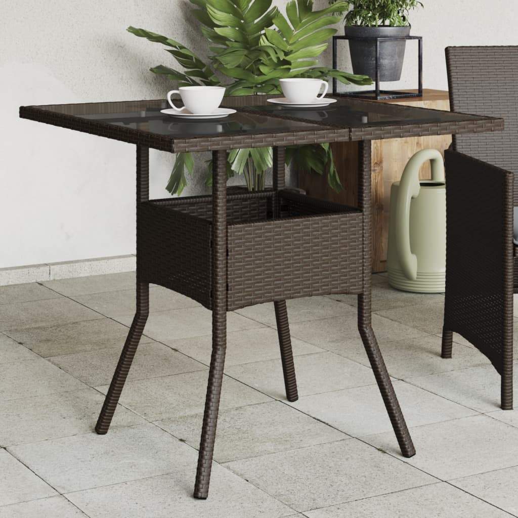 vidaXL Záhradný stôl so sklenenou doskou, hnedý 80x80x75 cm, polyratan