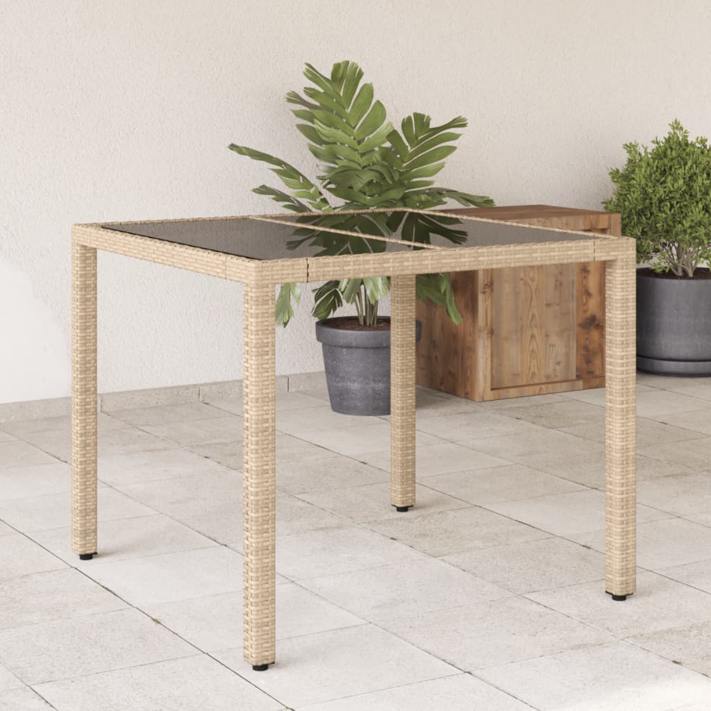 vidaXL Záhradný stôl so sklenenou doskou, béžový 90x90x75cm, polyratan