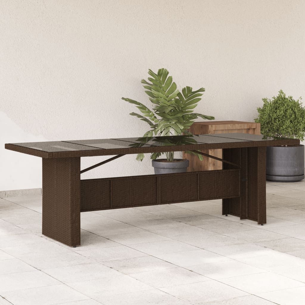 vidaXL Záhradný stôl so sklenenou doskou hnedý 240x90x75 cm polyratan