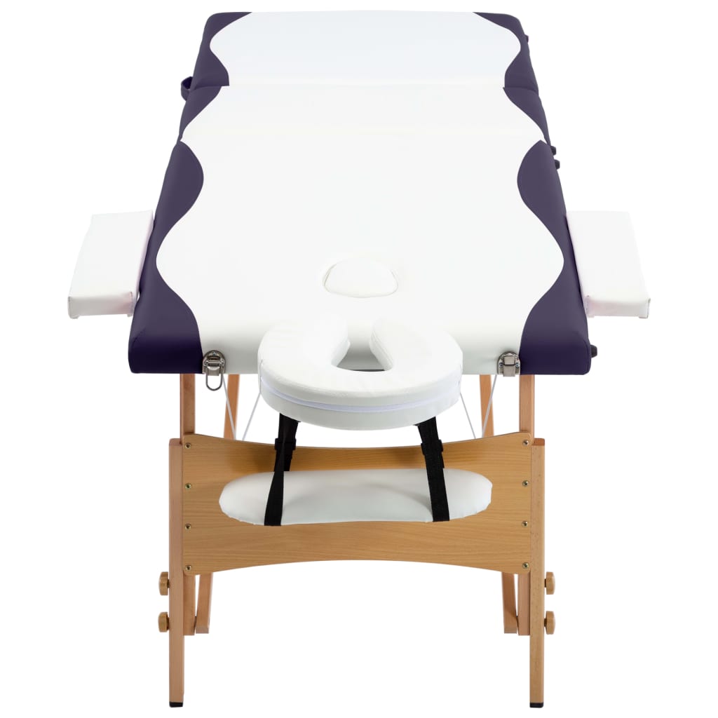 vidaXL Skladací masážny stôl, 3 zóny, drevo, bielo fialový