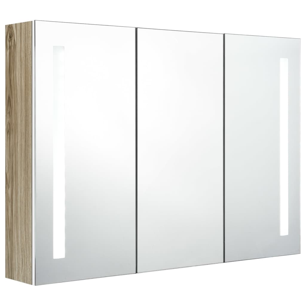 vidaXL LED kúpeľňová zrkadlová skrinka 89x14x62 cm biela a dubová