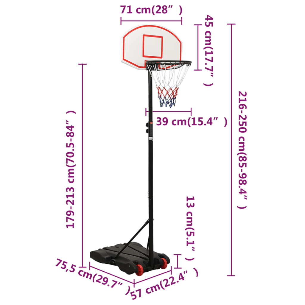 vidaXL Basketbalový stojan biely 216-250 cm polyetén